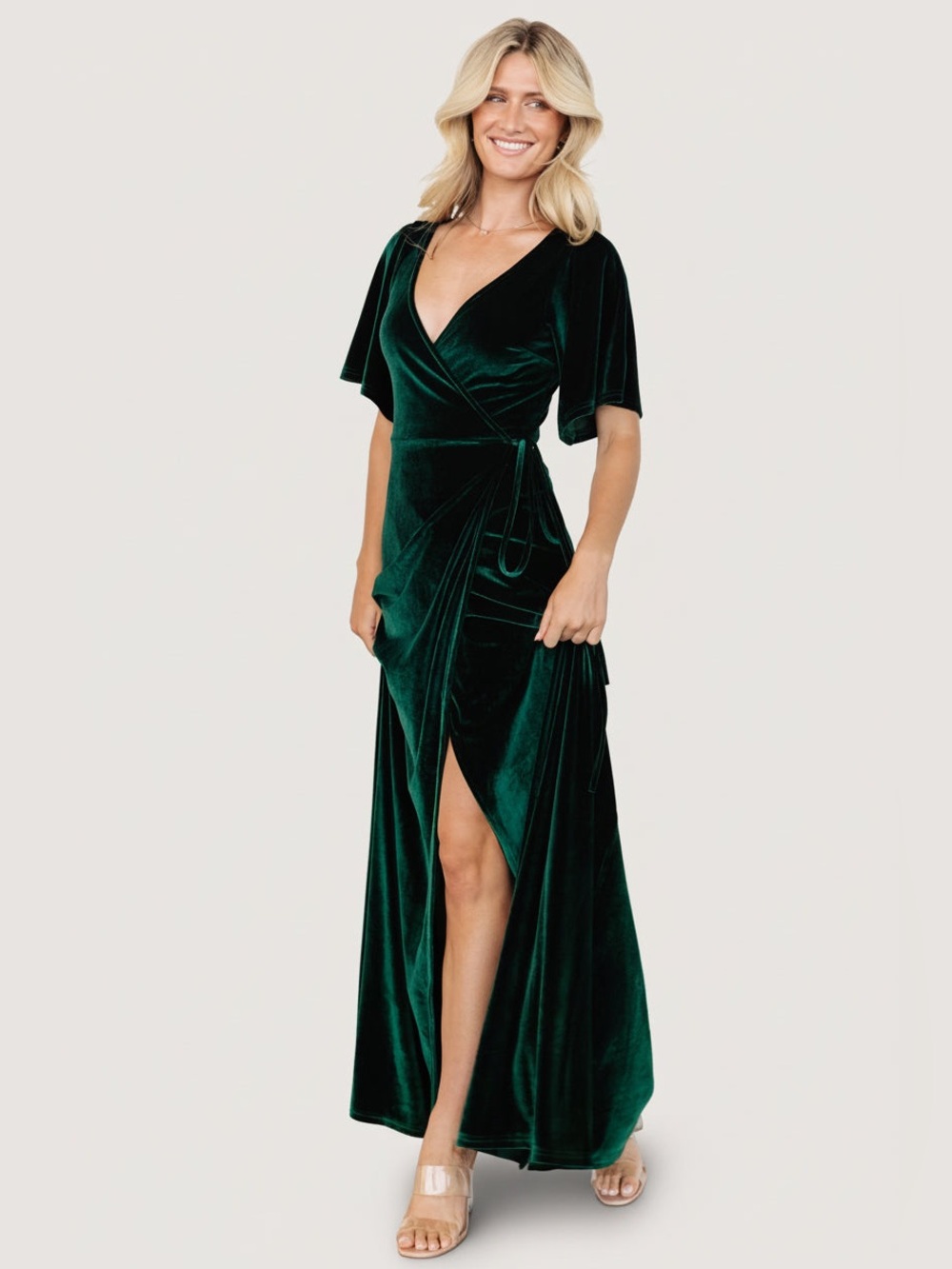 Baltic Born Emerald Green Meghan Velvet Wrap Maxi Dress Flutter Short Sleeves